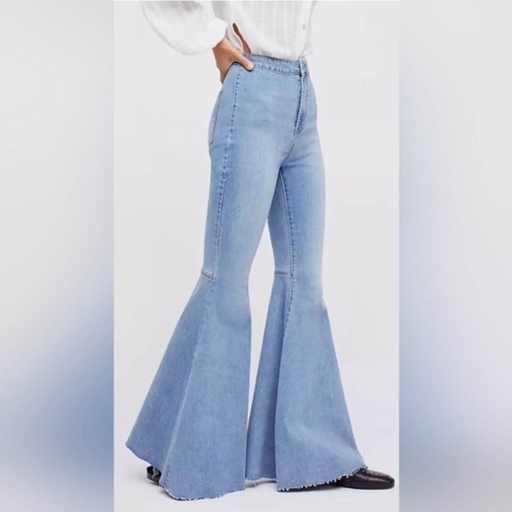 Free People SZ 32 Jeans Just Float on Flare Bermondsey Blue Hi-Rise-We The Free